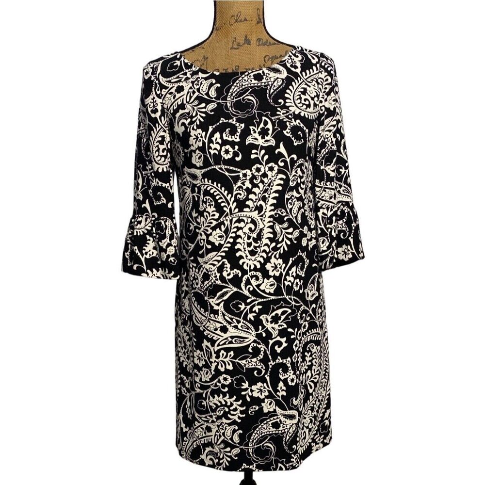 Talbots Dress 2P Black White Floral Paisley Ruffle Cuff Elbow Sl Classy Career